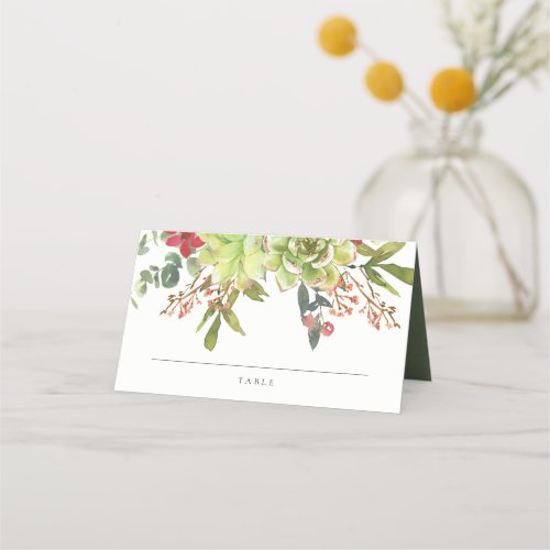 Succulent Cactus Floral Red Watercolor Wedding  Place Card