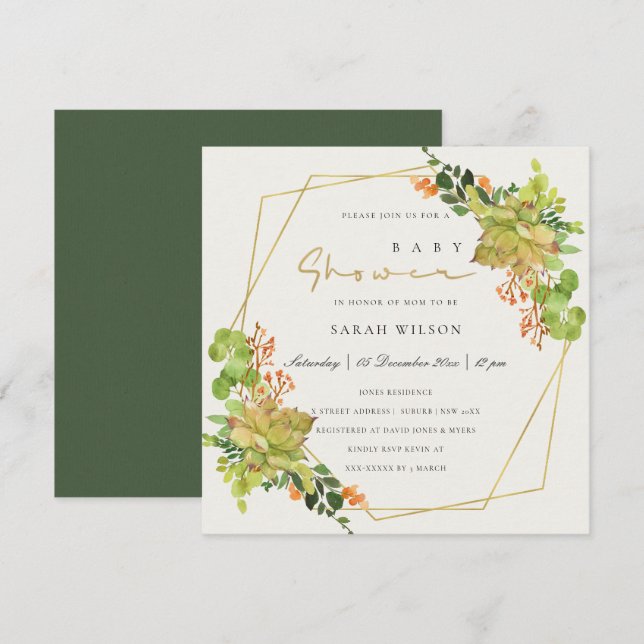 SUCCULENT CACTUS  FLORAL WATERCOLOR BABY SHOWER INVITATION (Front/Back)