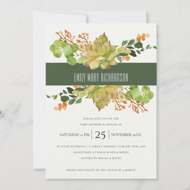 SUCCULENT CACTUS FLORAL WATERCOLOR BABY SHOWER INVITATION (Front)