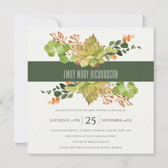 SUCCULENT CACTUS FLORAL WATERCOLOR BABY SHOWER INVITATION (Front)