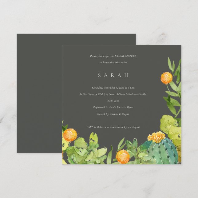 SUCCULENT CACTUS FLORAL WATERCOLOR BRIDAL SHOWER INVITATION (Front/Back)