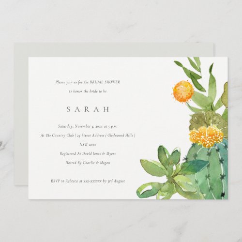 SUCCULENT CACTUS FLORAL WATERCOLOR BRIDAL SHOWER INVITATION