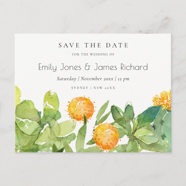 SUCCULENT CACTUS FLORAL WATERCOLOR SAVE THE DATE ANNOUNCEMENT POSTCARD (Front)