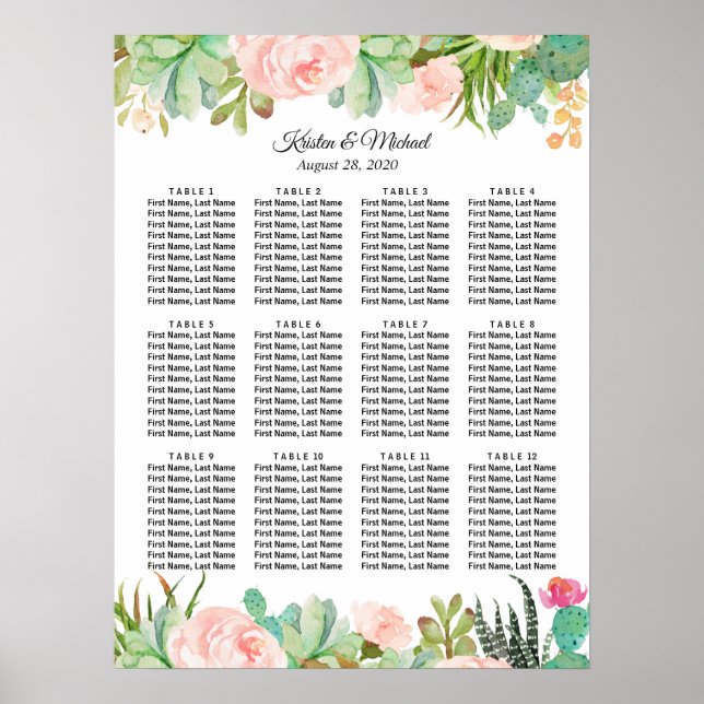 Succulent Cactus Floral Wedding Seating Chart (Front)
