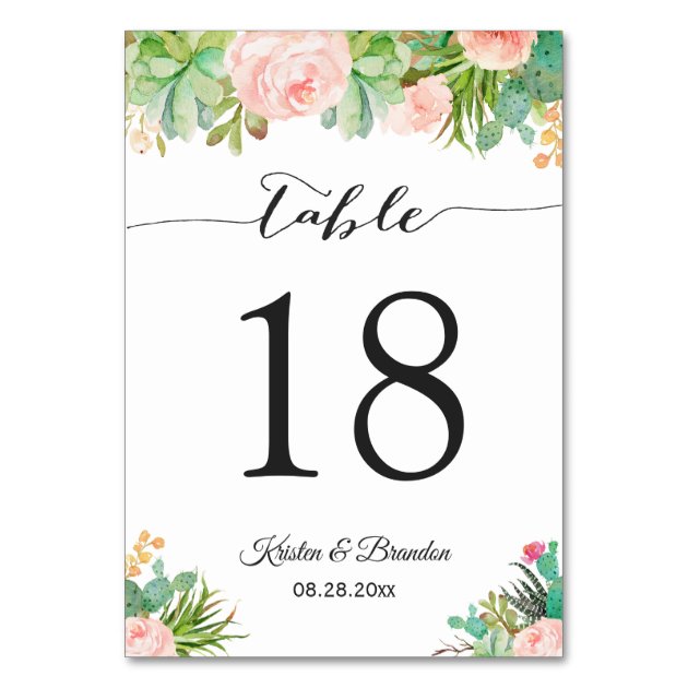 Succulent Cactus Floral Wedding Table Number