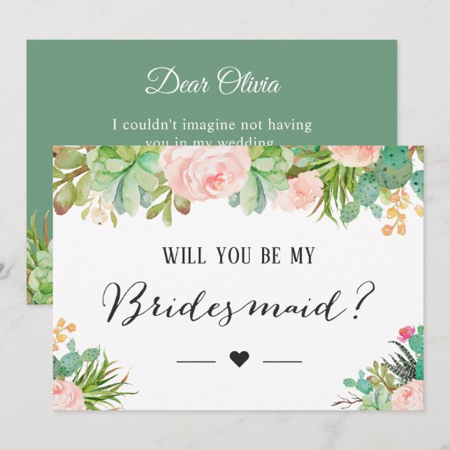 Succulent Cactus Floral Will You Be My Bridesmaid Invitation (Front/Back)