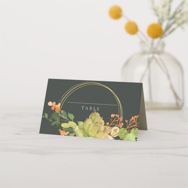 SUCCULENT CACTUS FLORAL WREATH WATERCOLOR  WEDDING PLACE CARD (Front)