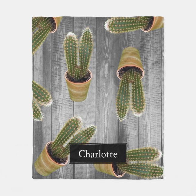 Succulent Cactus in Pots and Gray Wooden Planks Fleece Blanket (Front)