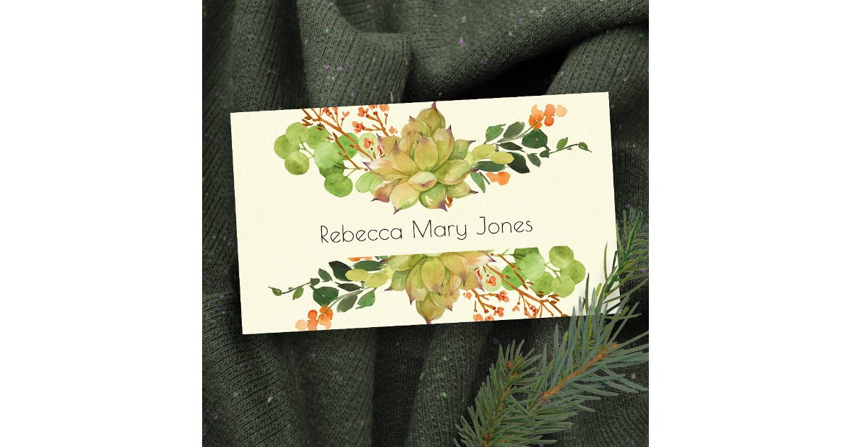SUCCULENT CACTUS ORANGE FLORAL WATERCOLOR BUSINESS CARD | Zazzle