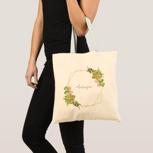 SUCCULENT CACTUS ORANGE FLORAL WATERCOLOR TOTE BAG