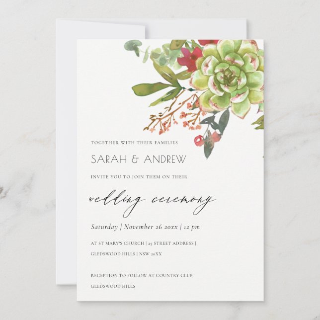 SUCCULENT CACTUS ORANGE FLORAL WATERCOLOR  WEDDING INVITATION (Front)