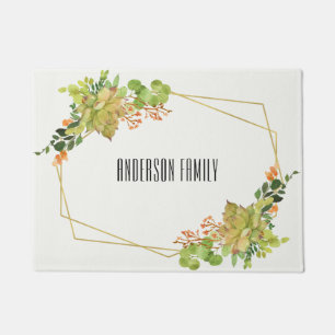 SUCCULENT CACTUS ORANGE FLORAL WATERCOLOR WREATH DOORMAT