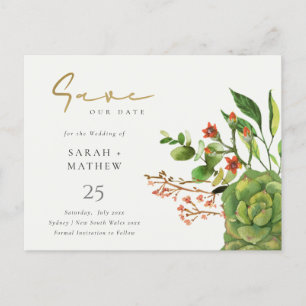 SUCCULENT CACTUS ORANGE WATER SAVE THE DATE ANNOUNCEMENT POSTCARD