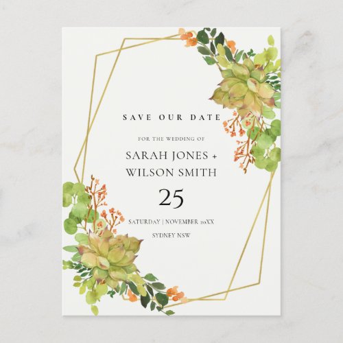 SUCCULENT CACTUS ORANGE WATER SAVE THE DATE ANNOUNCEMENT POSTCARD