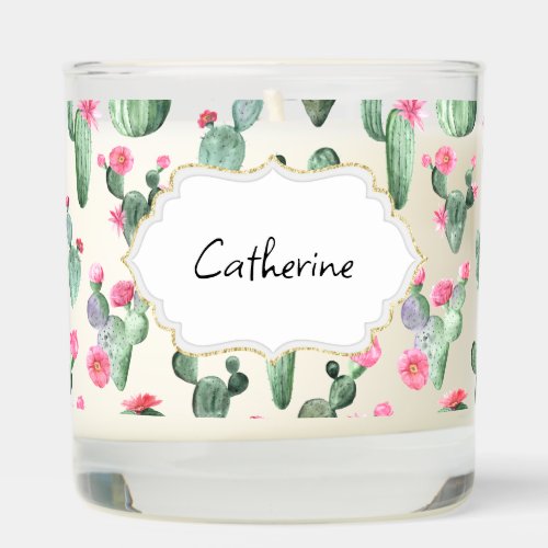 Succulent cactus pink green flowers name banner  scented candle