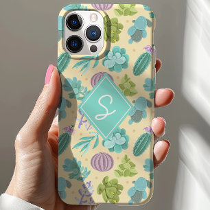 Succulent Cactus Plant Pattern Cute Monogram iPhone 15 Case
