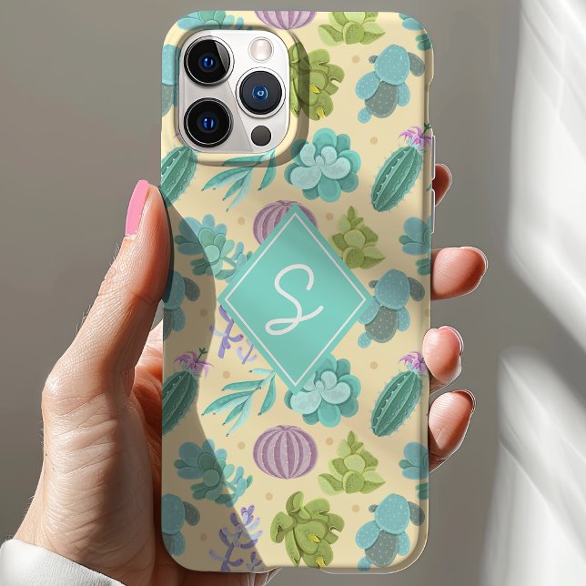 Succulent Cactus Plant Pattern Cute Monogram Iphone Case (Creator Uploaded)