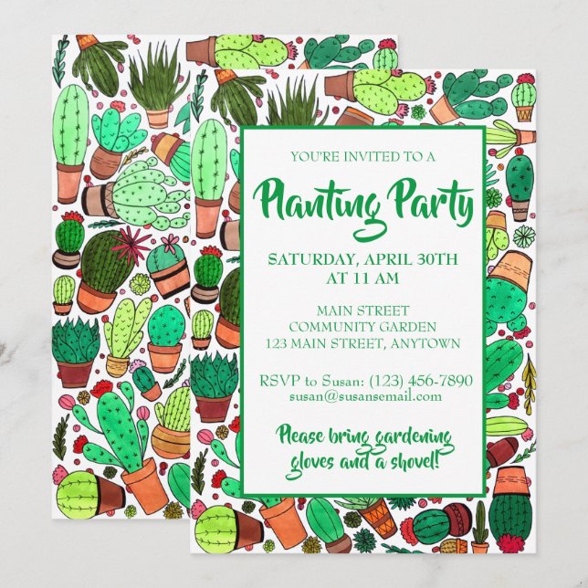 Succulent Cactus Potted Plants Cacti Garden Party Invitation (Front/Back)