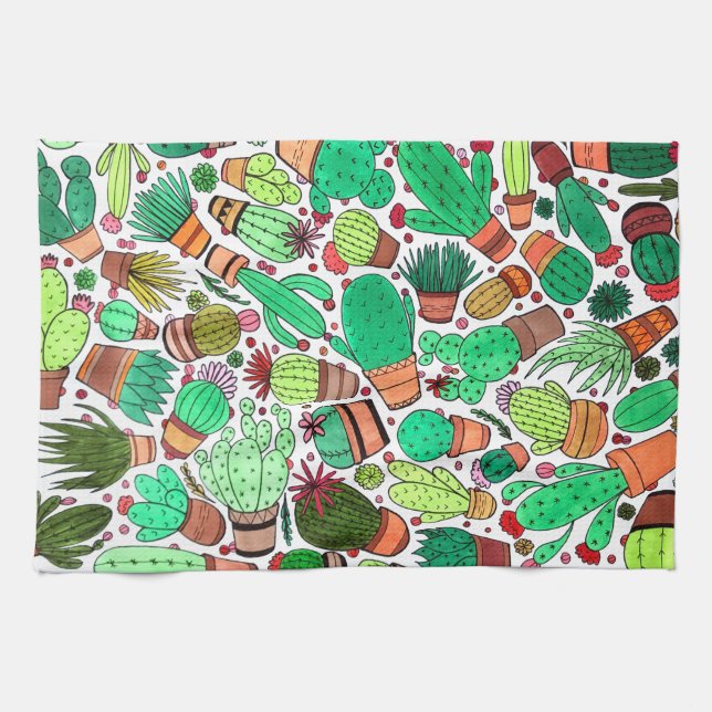 Succulent Cactus Potted Plants Green Cacti Garden Kitchen Towel (Horizontal)