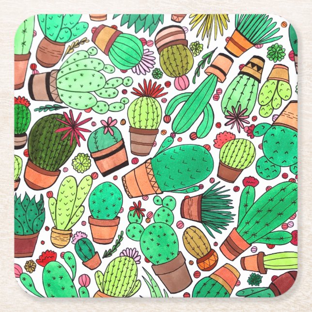 Succulent Cactus Potted Plants Green Cacti Garden Square Paper Coaster (Front)