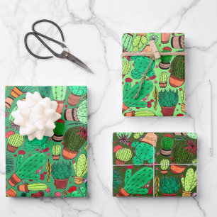 Succulent Cactus Potted Plants Green Cacti Garden Wrapping Paper Sheets