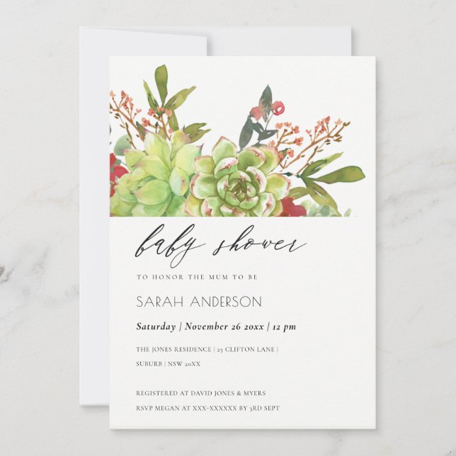 Succulent Cactus Red Floral Baby Shower Invite (Front)