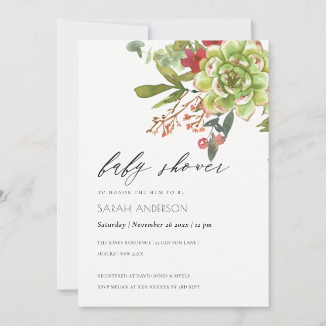 Succulent Cactus Red Floral Baby Shower Invite (Front)