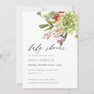 Succulent Cactus Red Floral Baby Shower Invite