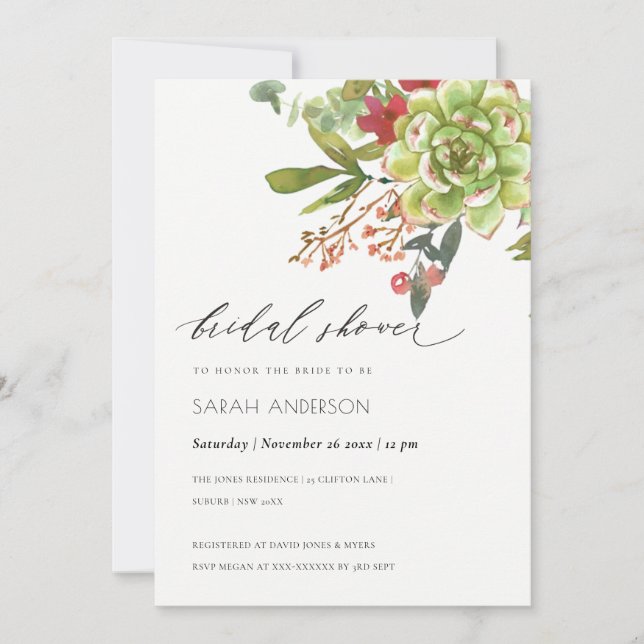 Succulent Cactus Red Floral Bridal Shower Invite (Front)