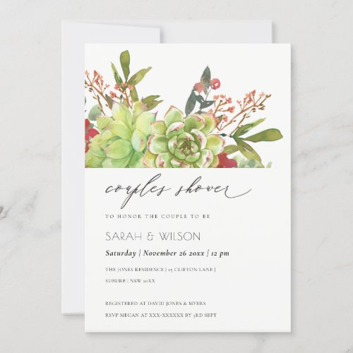 Succulent Cactus Red Floral Couples Shower Invite