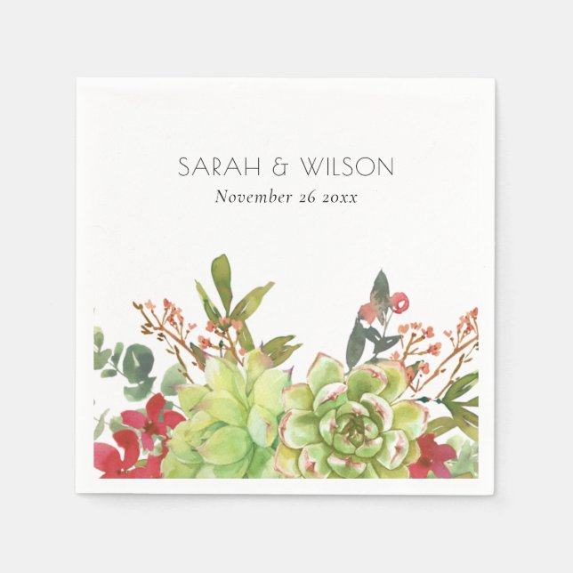 Succulent Cactus Red Floral Watercolor Wedding Napkins (Front)