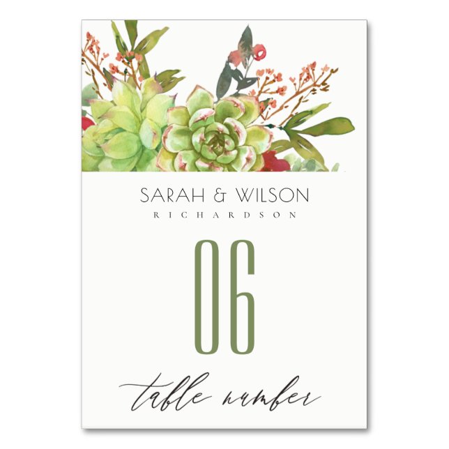 Succulent Cactus Red Floral Watercolor Wedding Table Number (Front)