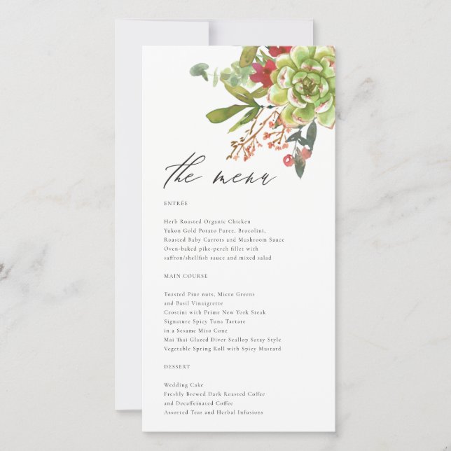 Succulent Cactus Red Floral Wedding Menu Card (Front)