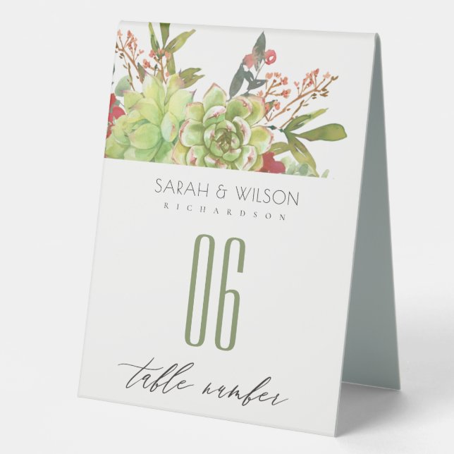 Succulent Cactus Red Floral Wedding Table Number Table Tent (Front)