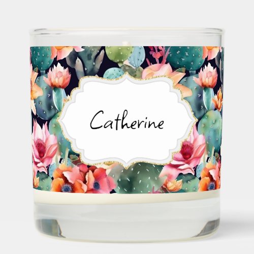 Succulent cactus repeating pattern with name tag scented candle