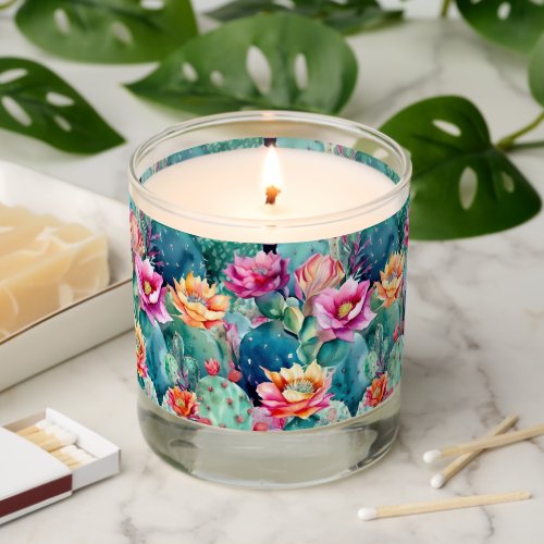Succulent cactus repeating watercolor pattern scented candle