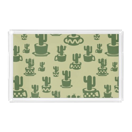 Succulent cactus silhouette in cups and pots acrylic tray