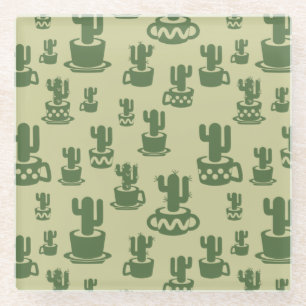 Succulent cactus silhouette in cups and pots glass coaster