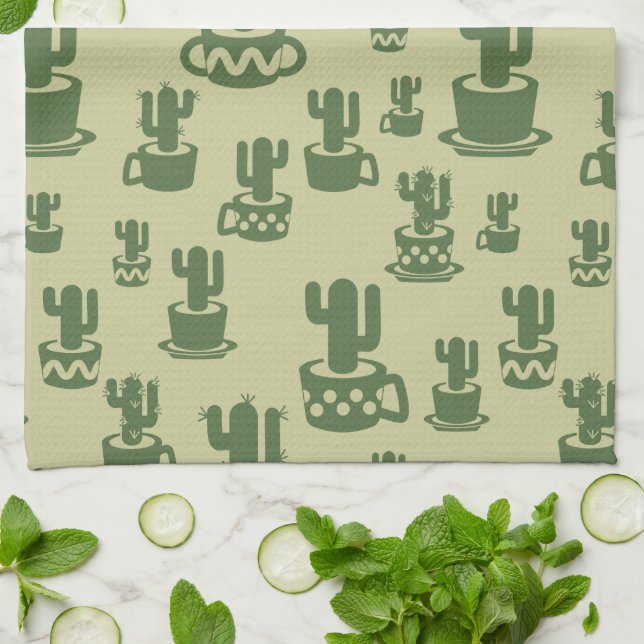 Succulent cactus silhouette in cups and pots kitchen towel (Folded)