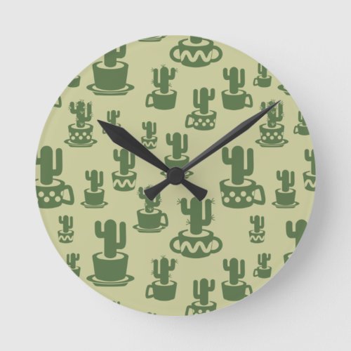 Succulent cactus silhouette in cups and pots  round clock