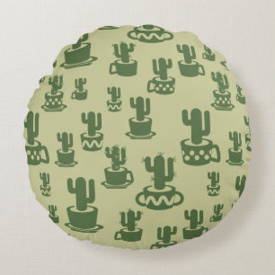 Succulent cactus silhouette in cups and pots round pillow