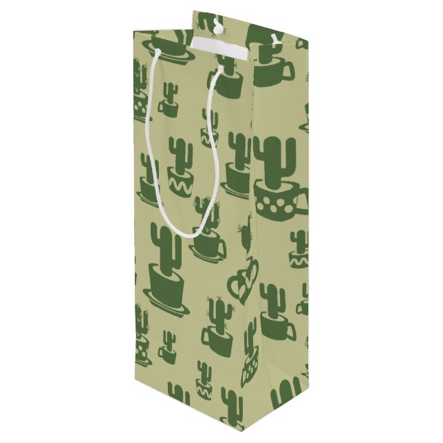 Succulent cactus silhouette in cups and pots  wine gift bag (Back Angled)