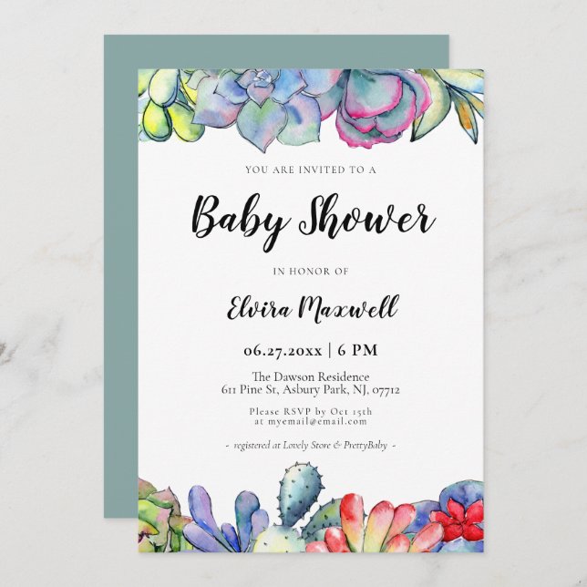 Succulent cactus watercolor Baby Shower Invitation (Front/Back)