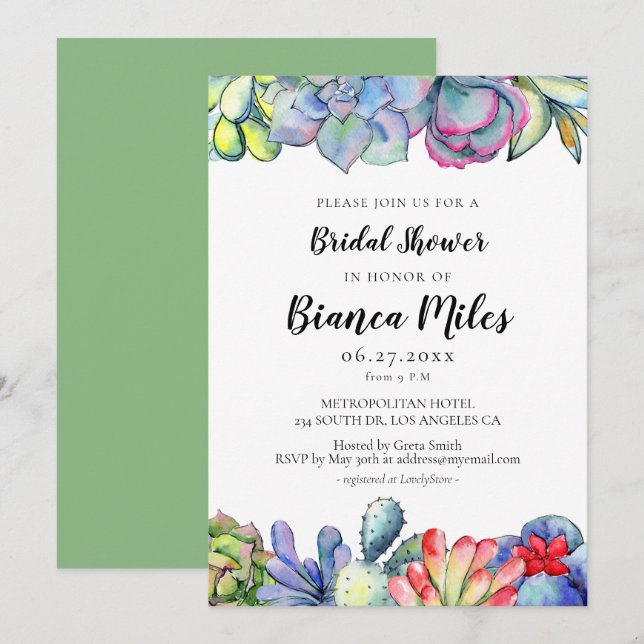 Succulent cactus watercolor Bridal shower Invitation (Front/Back)