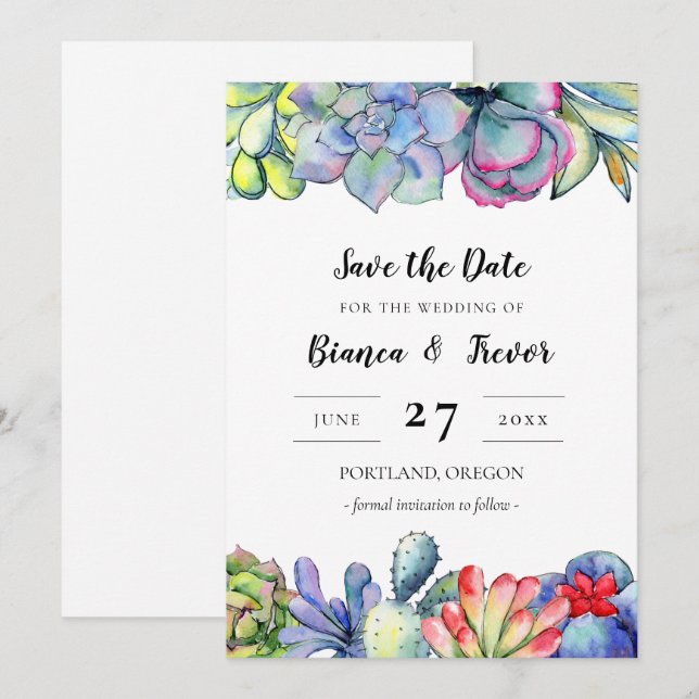 Succulent cactus watercolor Save the date Invitation (Front/Back)