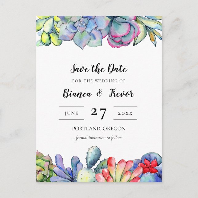 Succulent cactus watercolor Save the date Postcard (Front)