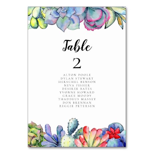 Succulent cactus watercolor seating chart cards