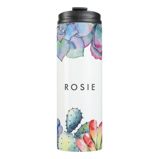 Succulent cactus watercolor thermal tumbler (Front)