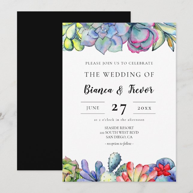 Succulent cactus watercolor wedding invitation (Front/Back)