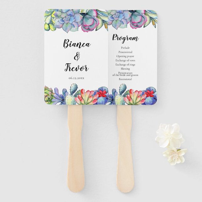 Succulent cactus watercolor wedding program hand fan (Front and Back)